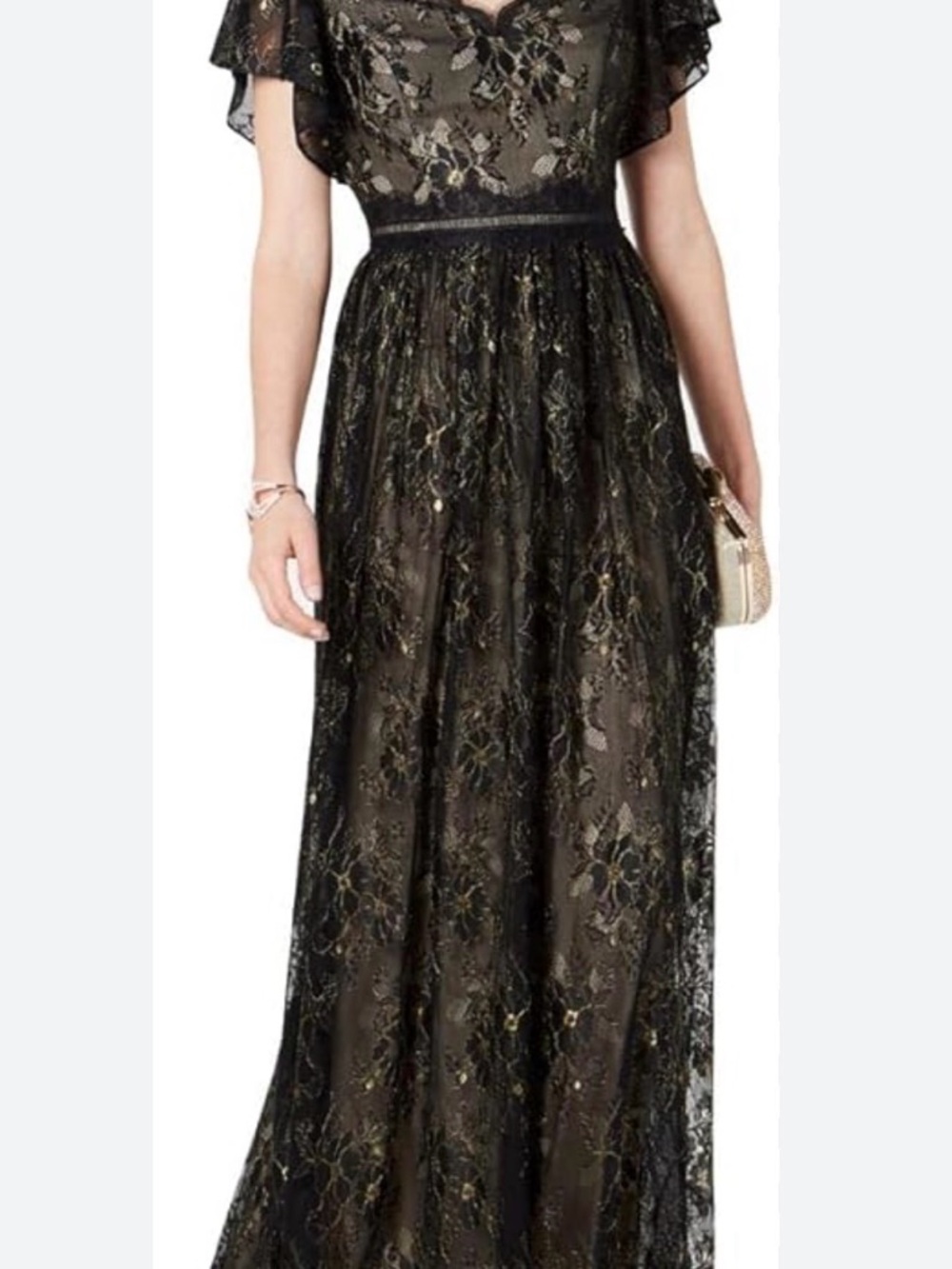 Adrianna Papell Black Lace & Gold Embroidered Maxi Dress